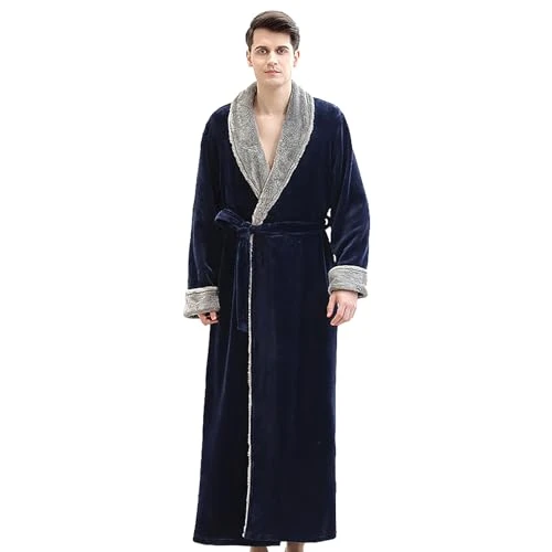 Mens Womens His and Hers Warm Flannel Fleece Kimono Bathrobes Maxi Length Fluffy Dressing Gown Navy SN0711157 XL