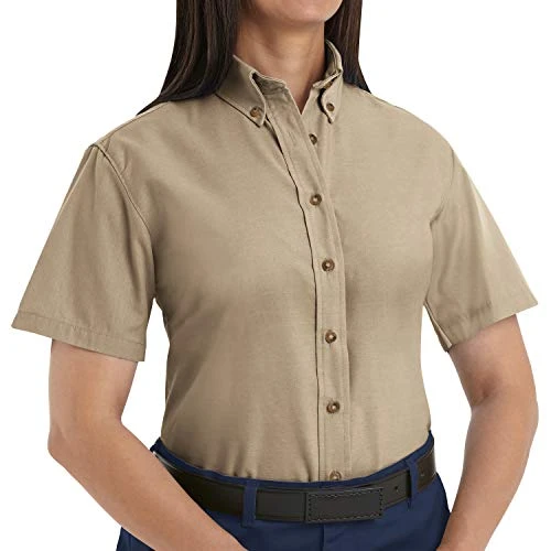 Men's Women's Short Sleeve Poplin Dress Shirt, Khaki, Small