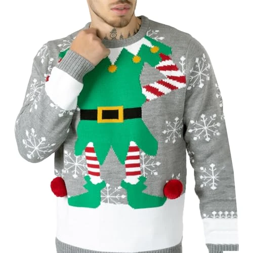 Mens Womens Unisex Premium Novelty Knitted Long Sleeves Crew Neck Christmas Sweaters Elf Jumpers (XL