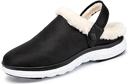 Mens Womens Winter Slippers Garden Clogs Warm Faux Fur Lined House Slippers Shoes Size Black-White UK 7.5=41