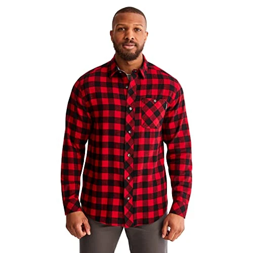 Men's Woodfort Mid-Weight Flannel Work Shirt Utility Button, Classic Red Buffalo Check, Large