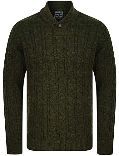 Men's Wool Blend Cable Knit Shawl Neck Jumper - Green - L