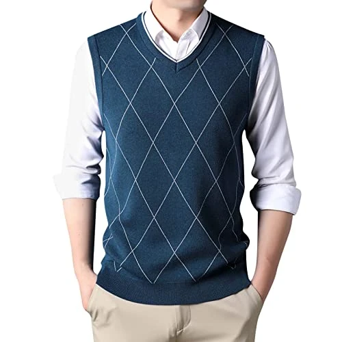 Men's Wool Blend Knitted Gilets Sweater Relax Fit V Neck Vest Sleeveless Jumper Smart Casual Tee Plaid Shirt Classic Business Gentleman Knitwear Knitted Waistcoat Sweater Cardigans XXXL Dark Blue