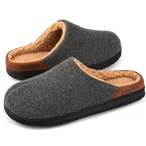 Men's Wool-Like Slippers Warm Memory Foam House Shoes with Soft Sherpa Lining for Indoor Outdoor Gre