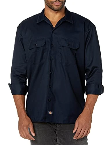 Men's Work Regular Fit Long Sleeve Casual Shirt, Blue (Dark Navy), Small