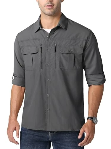 Mens Work Shirts Long Sleeve Button Down Autumn Lightweight Shirts for Men UV Protection Walking Top