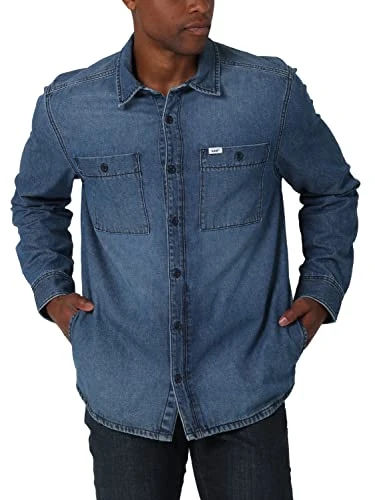 Men's Workwear Loose Fit Long Sve Button-Down Overshirt, Mid Wash (Denim), 50/52