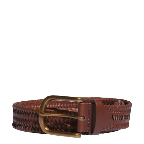 Men's Woven Leather Belt, Cognac, M-L