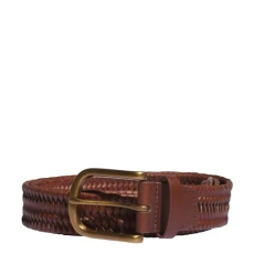 Men's Woven Leather Belt, Cognac, M-L