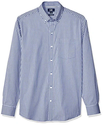 Men's Wrinkle Resistant Stretch Long Sleeve Button Down Shirt Dress, Tour Blue Gingham, XXL