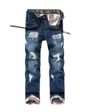 Men's Youth Low Waist Holes Jeans Straight Leg Pants Denim Long Trousers Blue 34