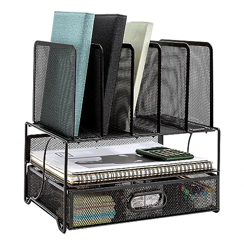 Mesh Desk Organiser with Sliding Drawer, Double Tray and 5 Upright Sections, Black