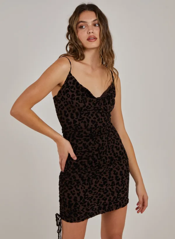 Mesh Leopard Print Cowl Neck Dress Animal