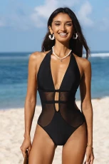 Mesh Plunging Halter One Piece Swimsuit - Black-Black Mesh Plunging Halter One Piece Swimsuit - Black-Black