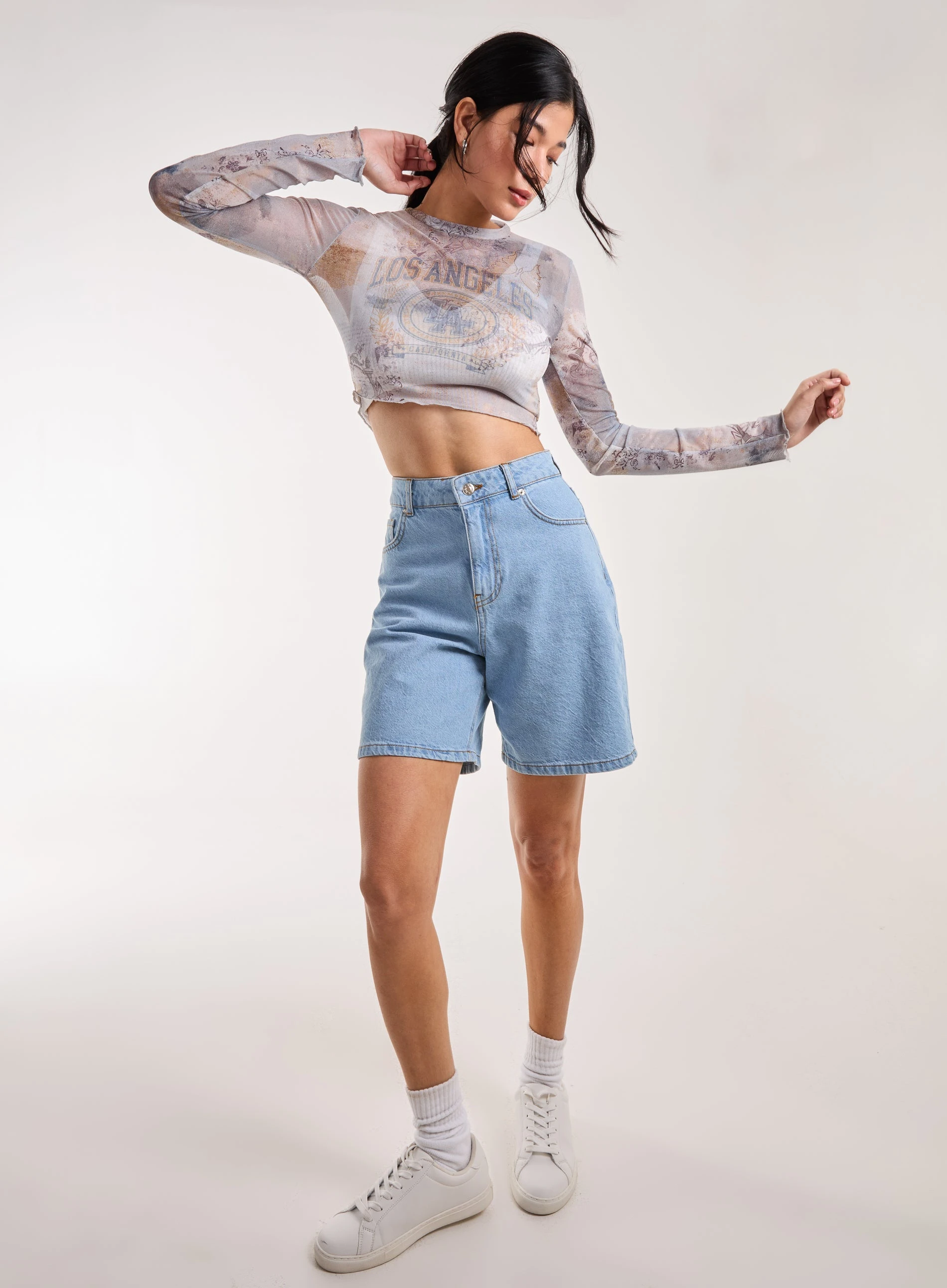 Mesh Printed LA Long Sleeve Top  - S  - BLUE