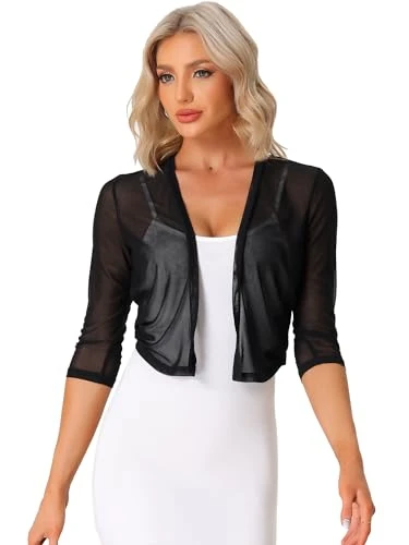 Mesh Shrug for Women's Elegant 3/4 Sleeve Open Front Sheer Bolero Cardigan Black S