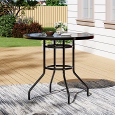 Metallic and Tempered Glass Garden Table with Parasol Hole Outdoor - Black