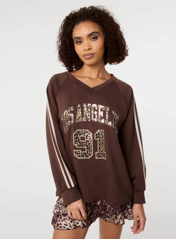 Metallic Leopard Long Sleeve Sports Jersey - ONE - CHOCOLATE
