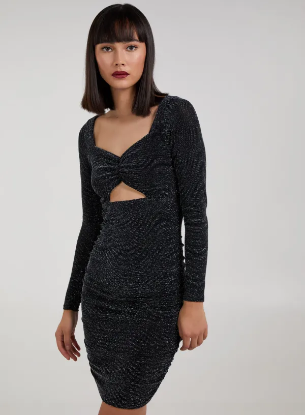 Metallic Long Sleeve Cut Out Dress - - Black