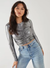 Metallic Ruched Long Sleeve Top SILVER