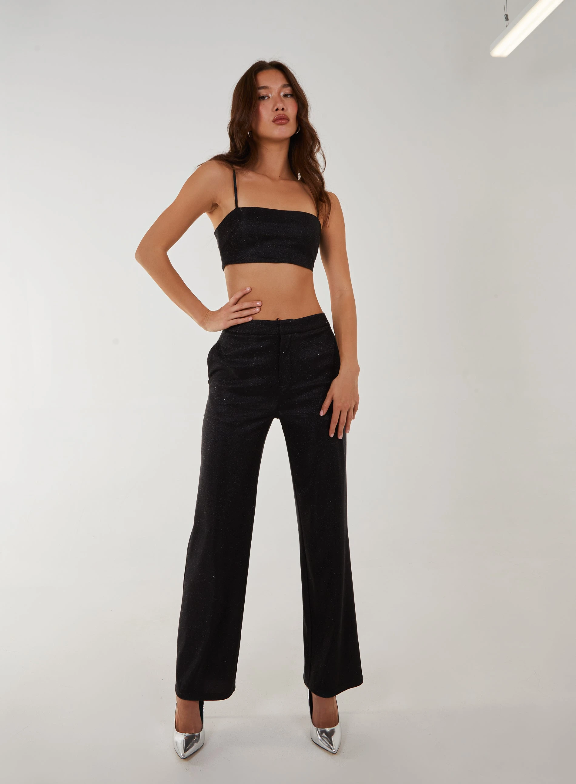 Metallic Straight Leg Trousers  - 6  - Black