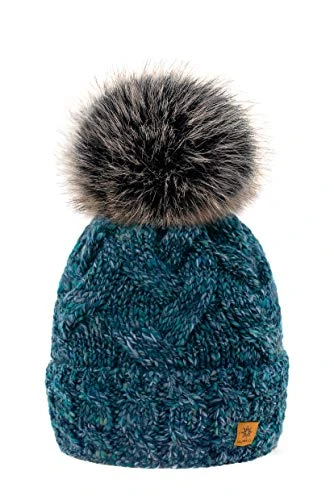 MFAZ  Ltd Women Winter Hat Alpaca Wool Beanie Hat Worm Knitted Hats Fleece Lining Pom Pom (Gaja Gree