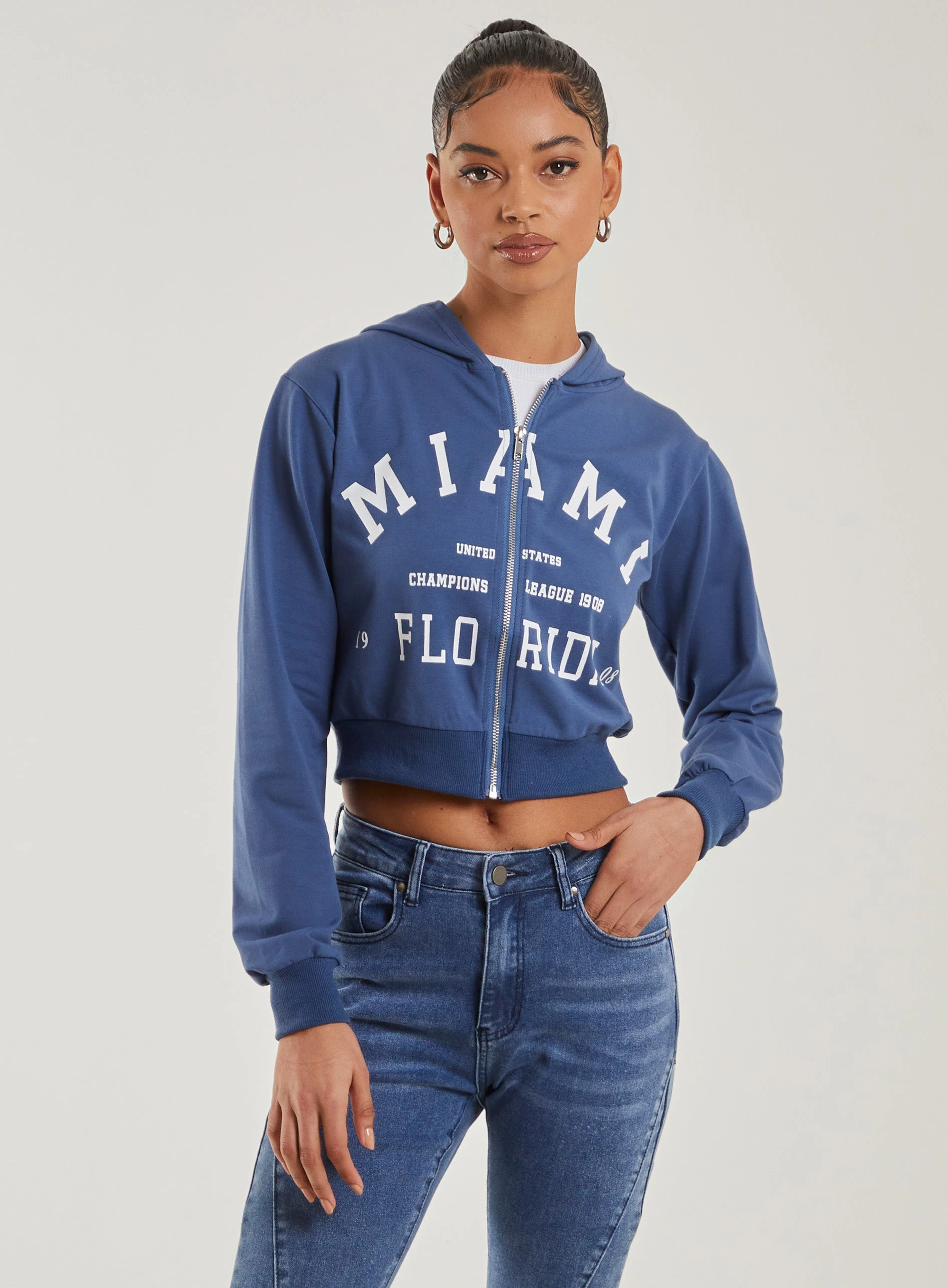 Miami Slogan Zip Up Hoodie  - S  - Navy