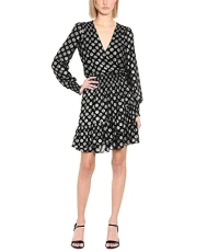 Michael Kors Womens Printed Ruffled Wrap Dress, Black/Silver, S