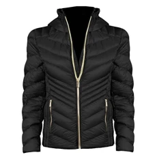 Michael  Women's Black Chevron Double Layer Zipper 3/4 Hooded Packable Coat, Black, Small