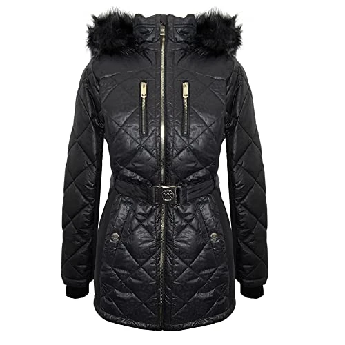 Michael  Women's Black Scuba Stretch Quilted Belted Coat with Hood (S)