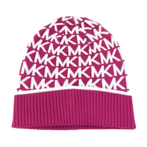Michael  Women`s Bordered MK Logo Cuff Beanie, Deep Fuchisa Cream, One Size
