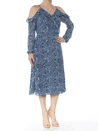 Michael  Women's Cold Shoulder Wrap Dress, True Navy/Light Chambray (Small)
