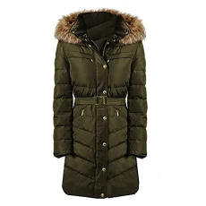 Michael  Women's Dark Moss Belted 3/4 Belted Puffer Coat