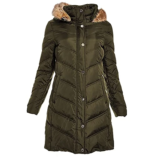 Michael  Women's Dark Moss Chevron Down Puffer Hooded Coat (XS)
