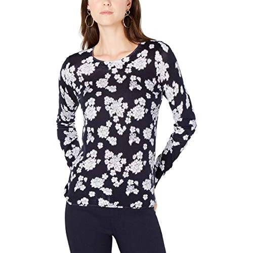 Michael  Women's Floral-Print Sweater, Regular & Petite Sizes, True Navy/White (Petite Medium)