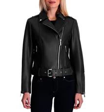 MICHAEL  Women's Moto Leather Jacket with Belt, Black, Medium