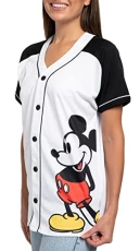 Mickey Minnie Mouse Woman's Jersey Shirt Button Front Print Back 28 Mickey Minnie Mouse Woman's Jersey Shirt Button Front Print Back 28