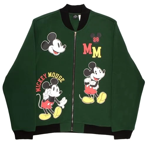 Mickey Mouse Varsity Bomber Jackets for Men Mickey Mouse Graphic Print Lightweight Varsity Jackets Casual Coats, Hunter Green, Medium