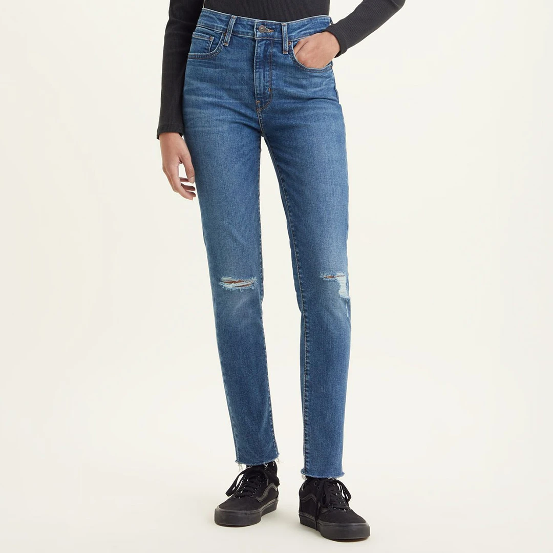 Mid Blue 721 High Rise Skinny Stretch Distressed Jeans