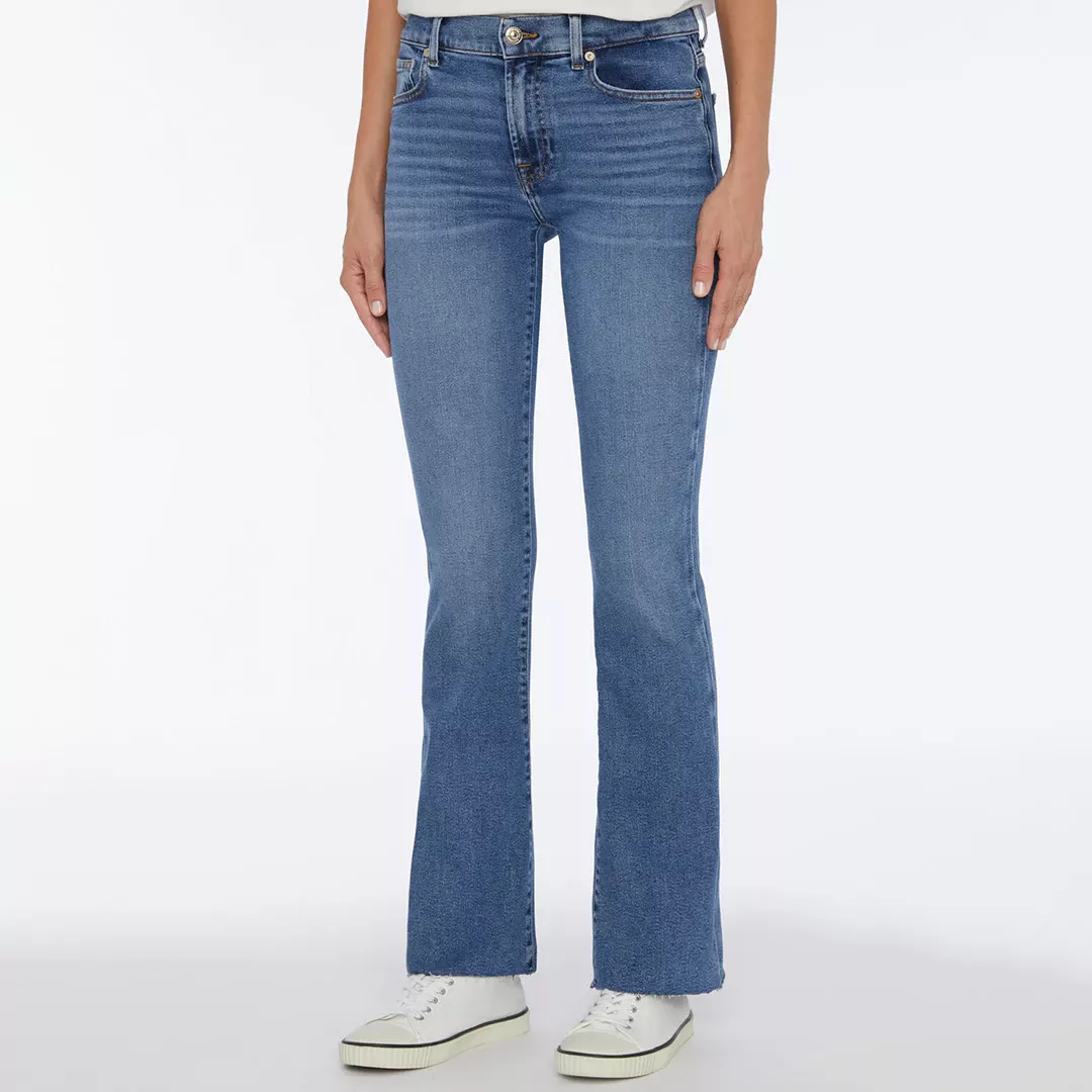 Mid Blue Bootcut Raw Cut Stretch Jeans