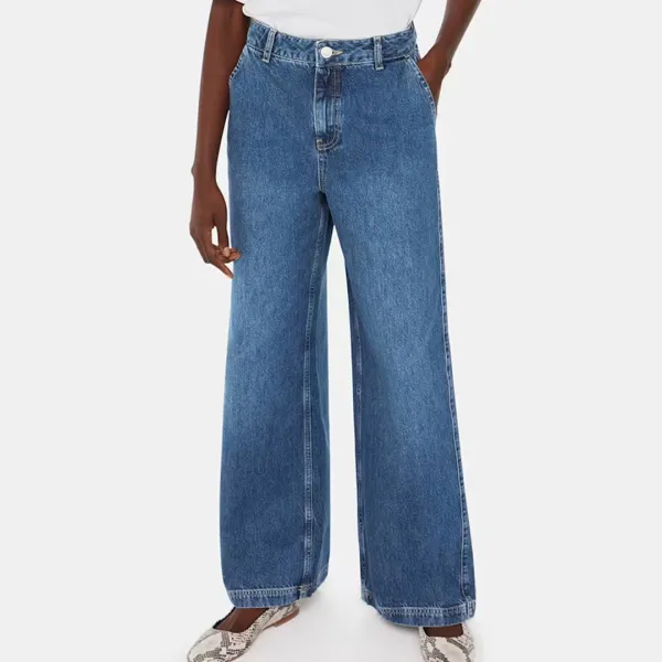 Mid Blue Wide Leg High Waisted Jeans - Blue