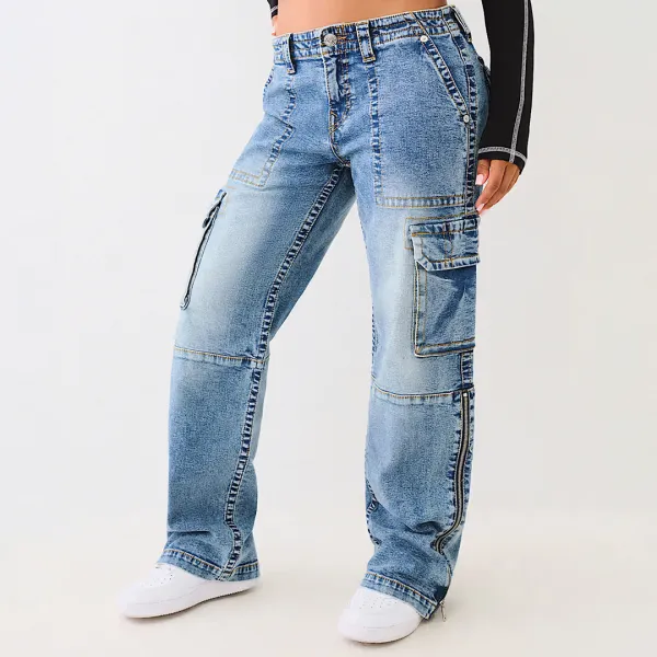 Mid Blue Zip Split Cargo Jeans - Blue