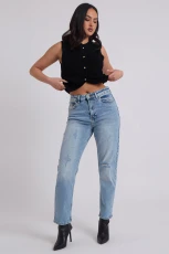 Mid Wash Ripped Mom Jean /