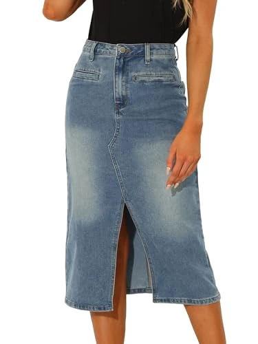 Midi Denim Skirt for Women's High Waist Slit Front with Pockets Jean Skirts Grey Blue S