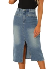Midi Denim Skirt for Women's High Waist Slit Front with Pockets Jean Skirts Grey Blue S