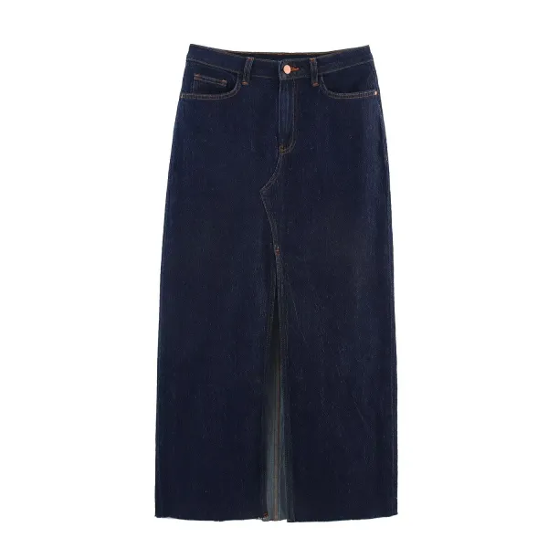 Midi Denim Skirt Front Slit and a Raw Hem - black / XS