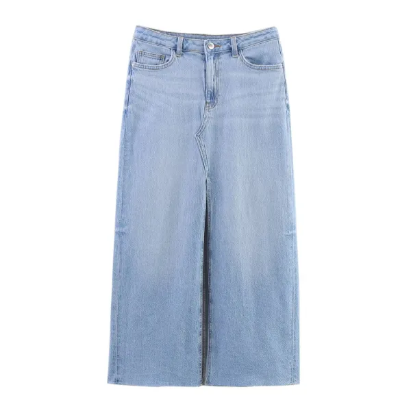 Midi Denim Skirt Front Slit and a Raw Hem - light blue / XS
