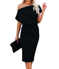 Midi Dress Short Sleeve Off Shoulder Underneath Party Dress for Women Bodycon Dress Black S Midi Dress Short Sleeve Off Shoulder Underneath Party Dress for Women Bodycon Dress Black S
