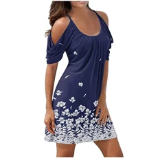 Midi Dresses for Women UK, Sundresses for Women Casual Beach Women Maxi Shirt Dress Tunic Sundresses Plus Size High Waist S Short Sleeve Evening Bridesmaid Summer Tunic Dress,Dark Blue,XXL
