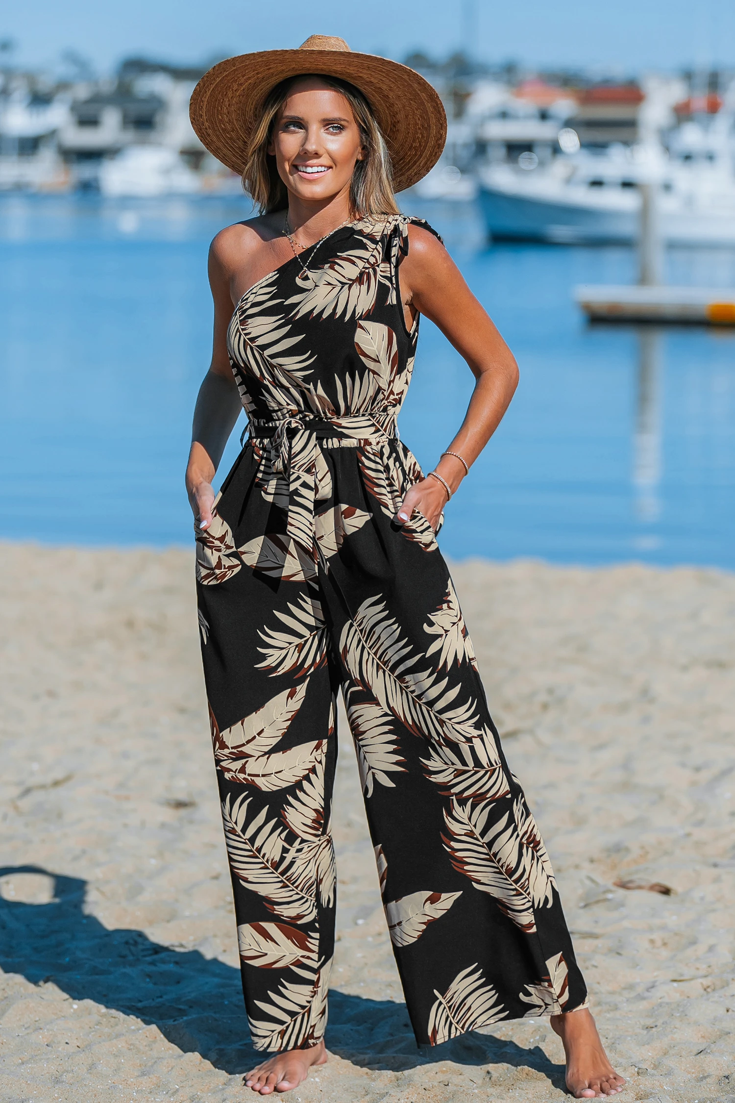 Midnight Tropics One houlder Wide Leg Jumpsuit - Black